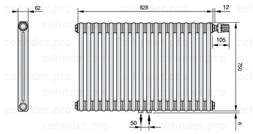 Схема (чертеж) Радиатор Zehnder Charleston 2075/18 №V008 Белый глянцевый RAL 9016